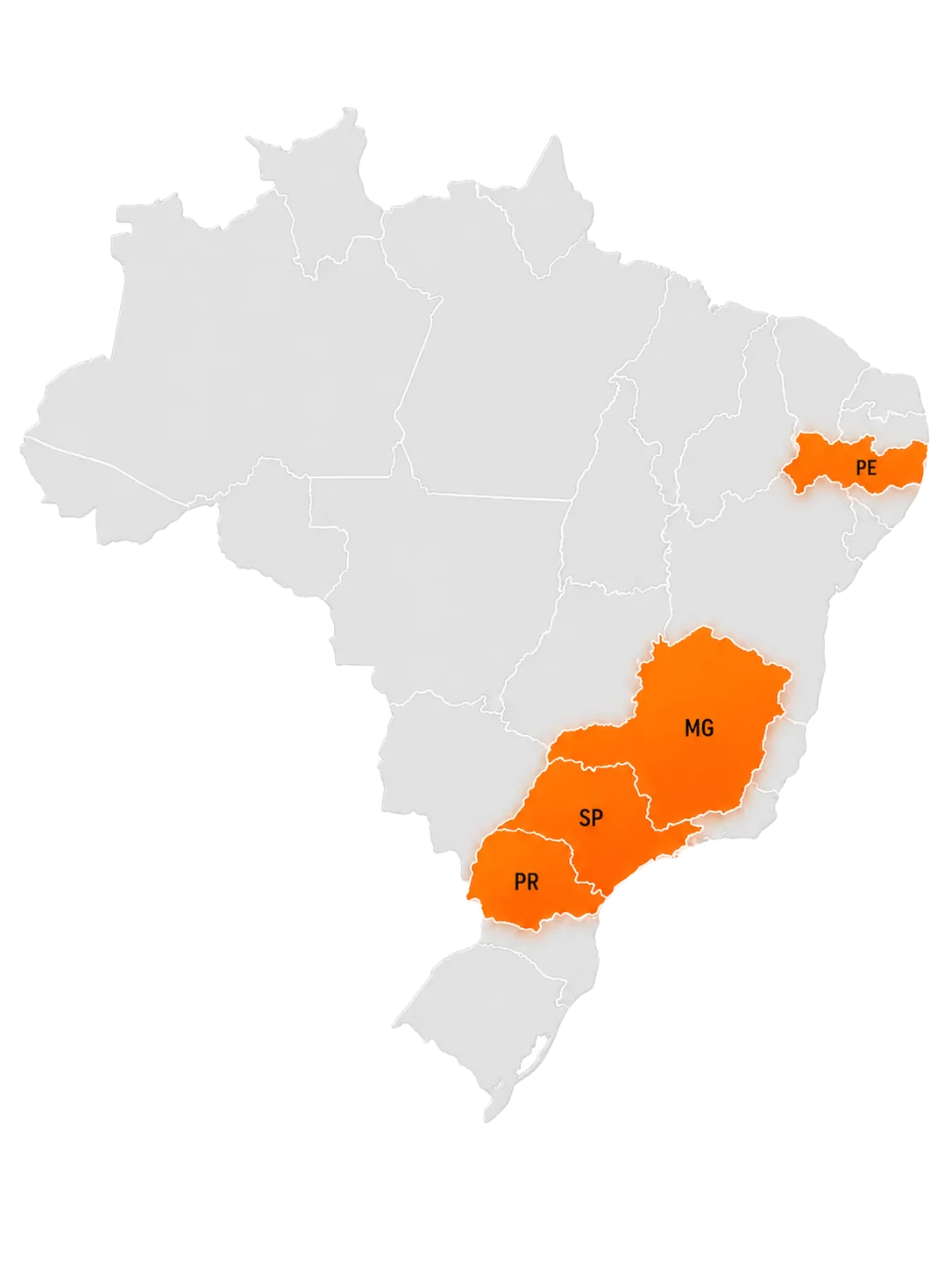 Mapa de regiões atendidas pela Tomodachi: SP, MG, PR e PE